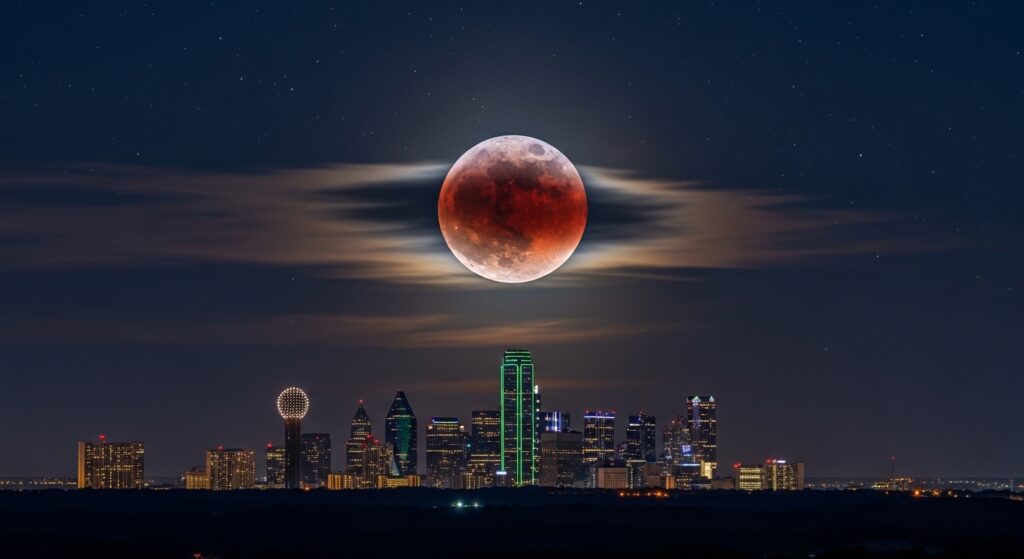 "Total lunar eclipse Blood Moon over Texas sky," "Lunar eclipse timeline for Dallas-Fort Worth."